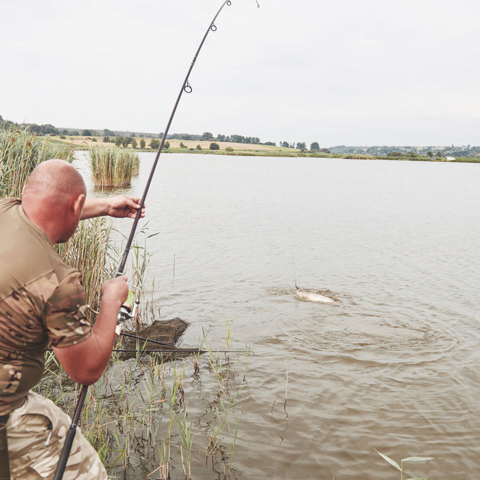 fisherman pulling out carp in summer